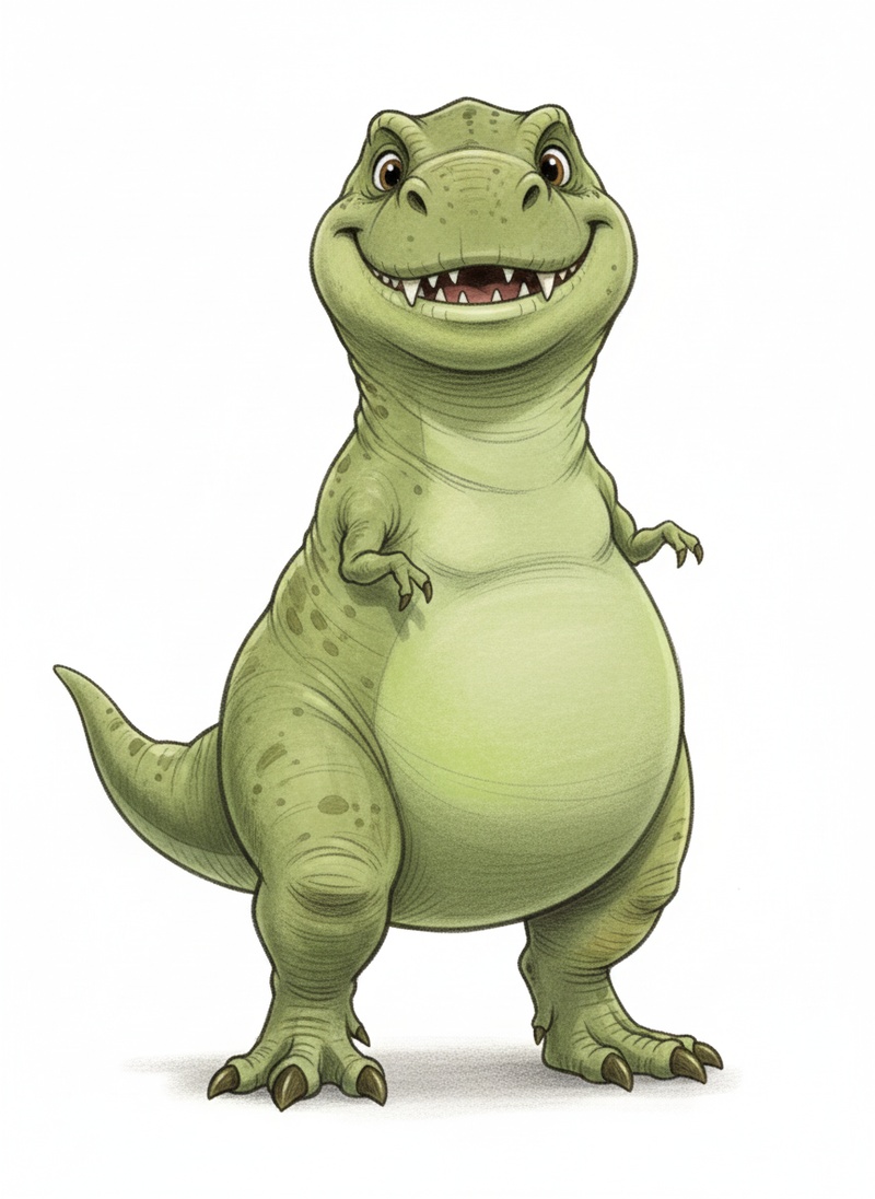 Dexter the Friendly Dinosaur in Gentle Pencil - Full Colored Illustration