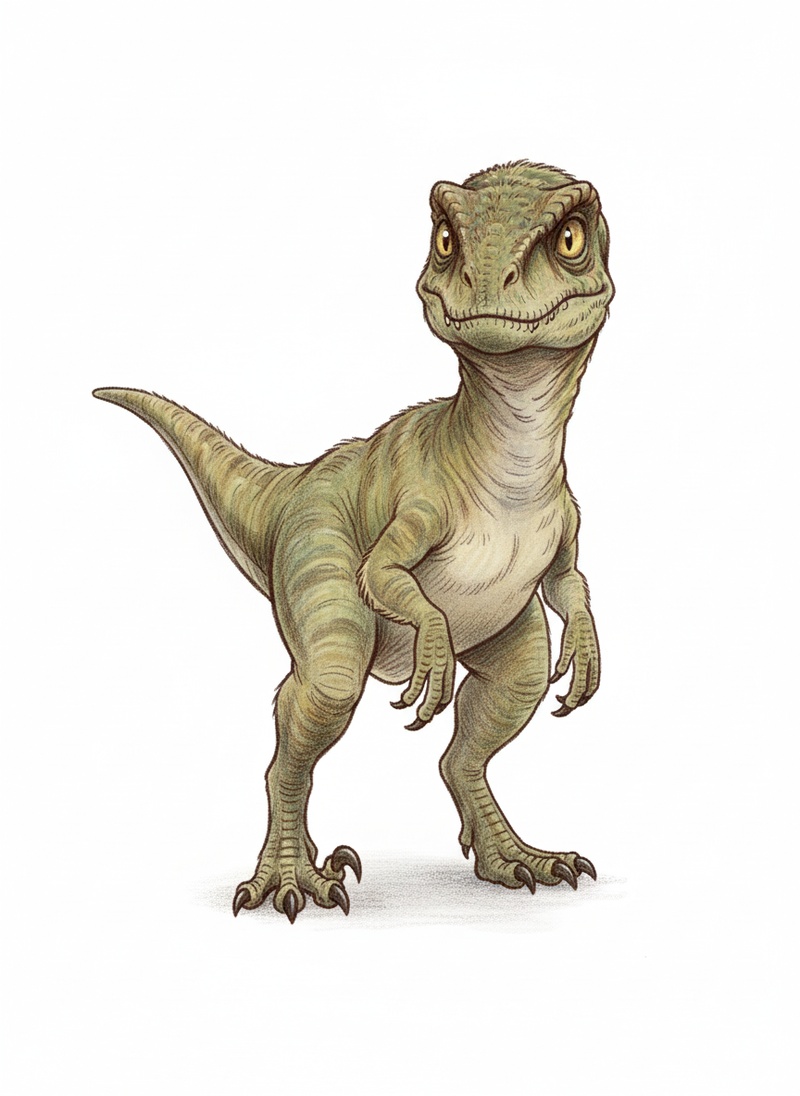 Zippy the Velociraptor in Gentle Pencil - Full Colored Illustration