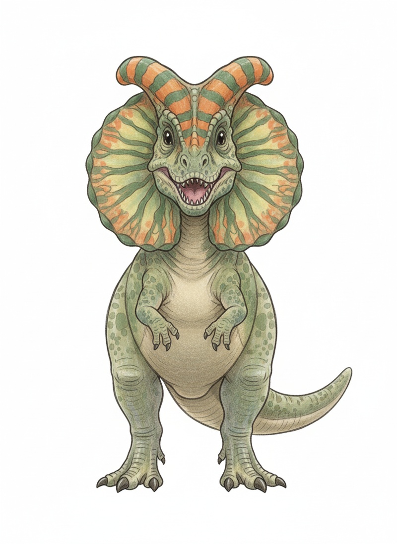 Spitter the Dilophosaurus in Gentle Pencil - Full Colored Illustration