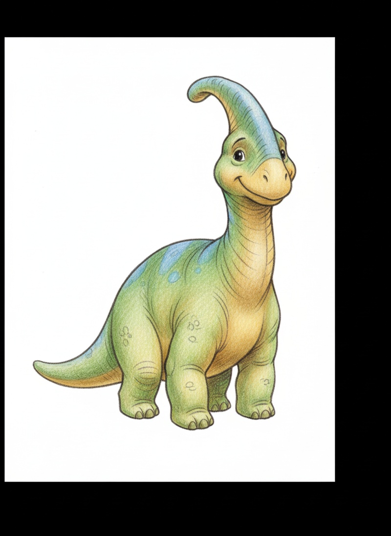 Crest the Parasaurolophus in Gentle Pencil - Full Colored Illustration