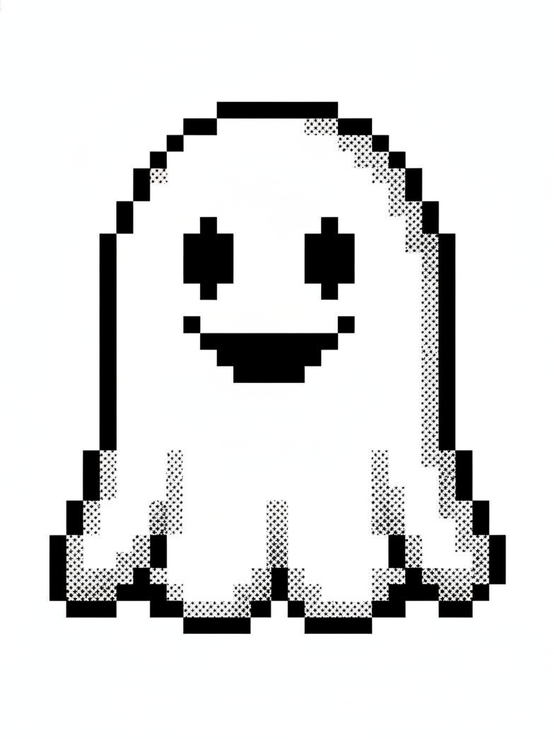 Casper the Friendly Ghost in Pixel Art - Black & White Illustration
