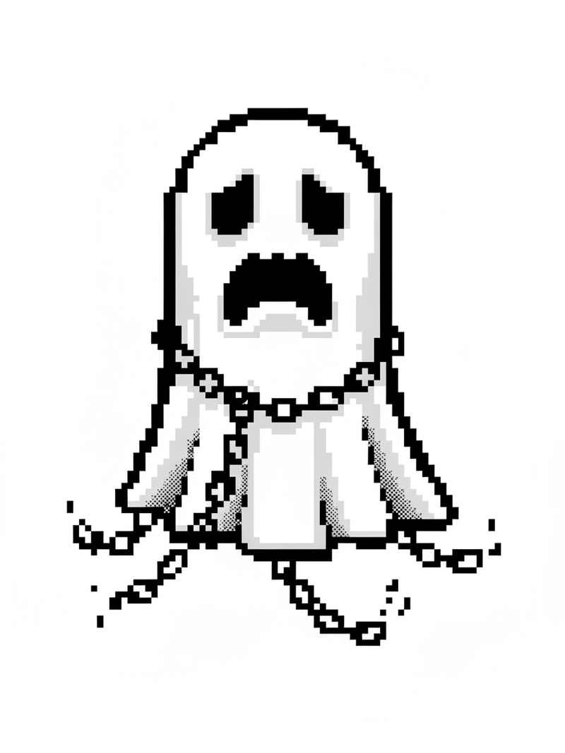 Spook the Scary Ghost in Pixel Art - Black & White Illustration