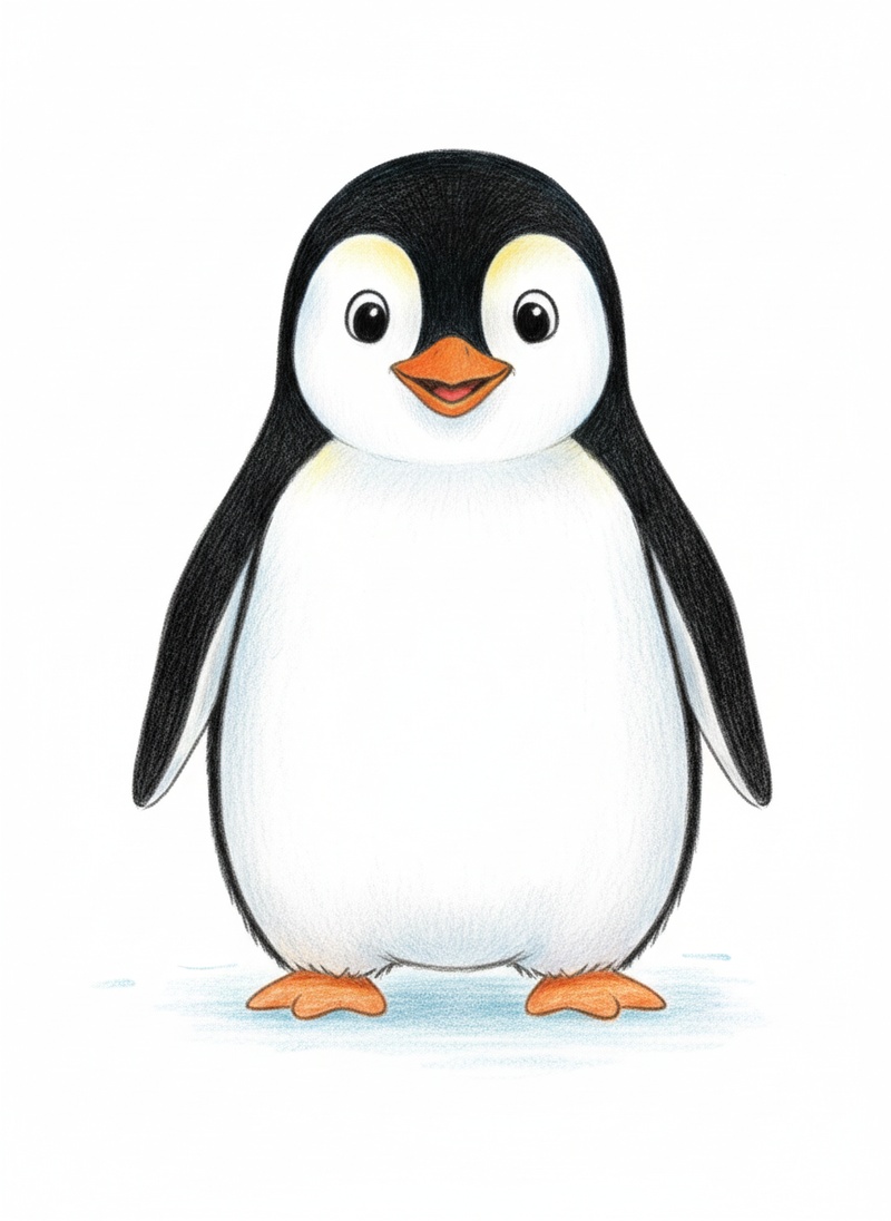 Waddle the Penguin in Gentle Pencil - Full Colored Illustration