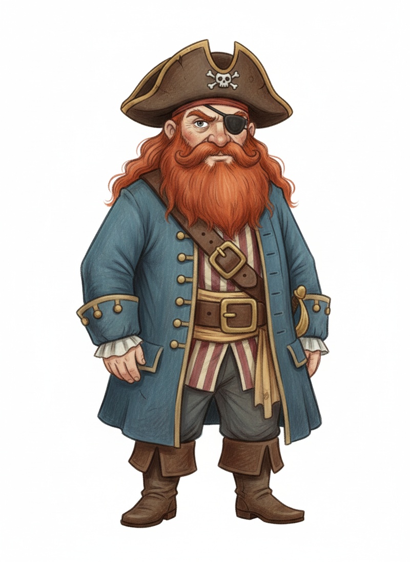 Captain Redbeard the Pirate in Gentle Pencil - Full Colored Illustration