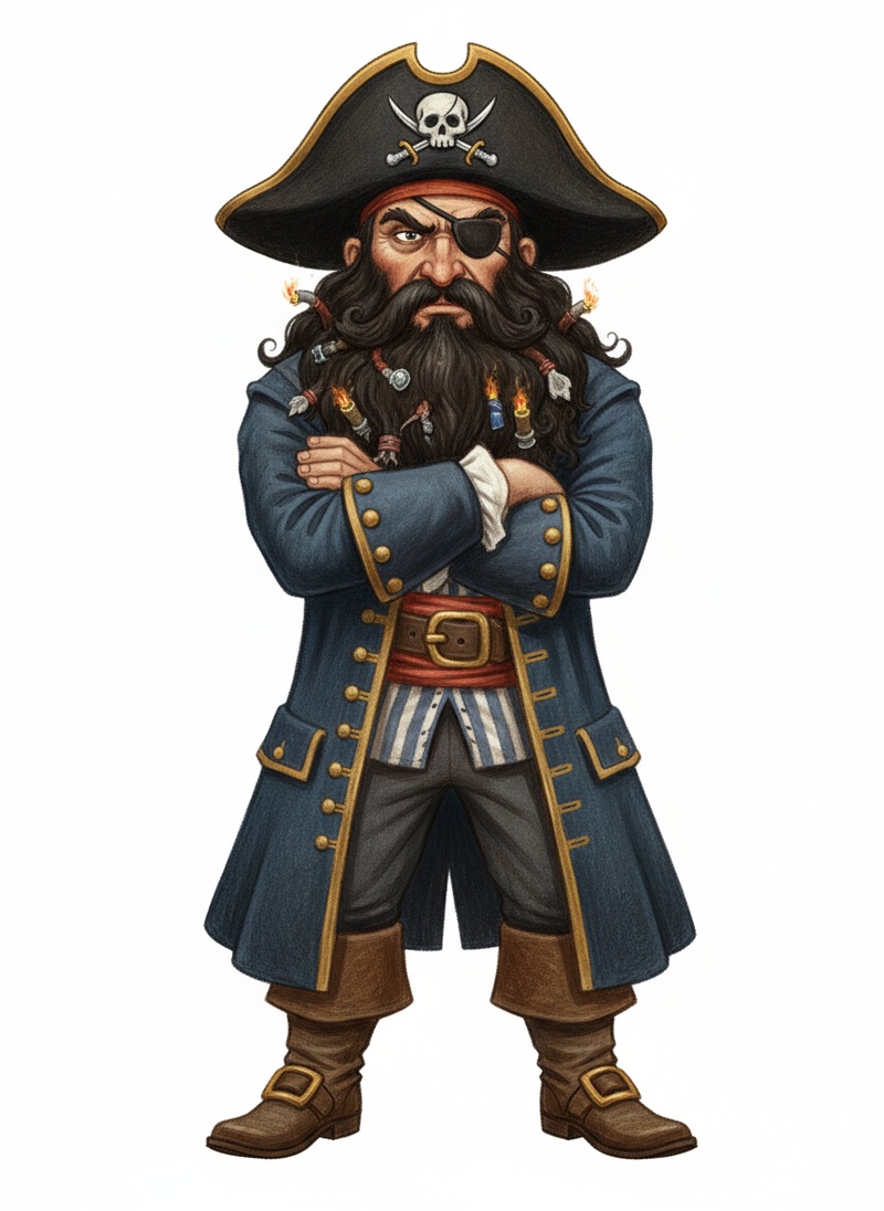 Blackbeard the Villain Pirate in Gentle Pencil - Full Colored Illustration