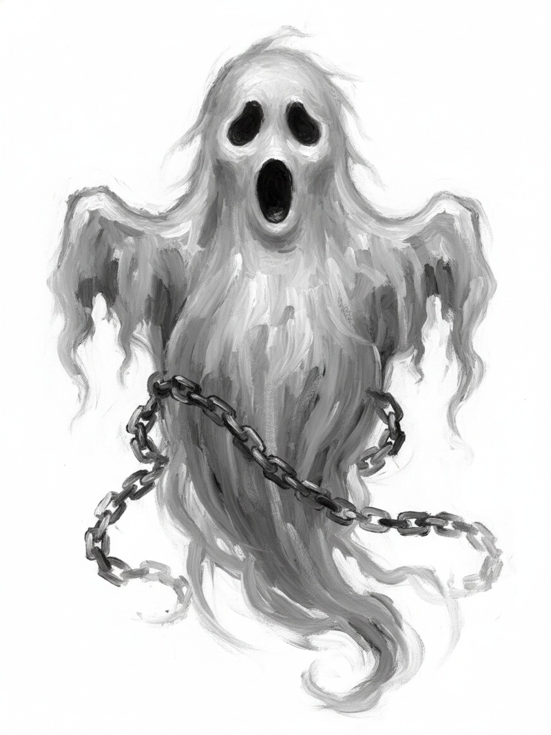 Spook the Scary Ghost in Impressionist Painting - Black & White Illustration
