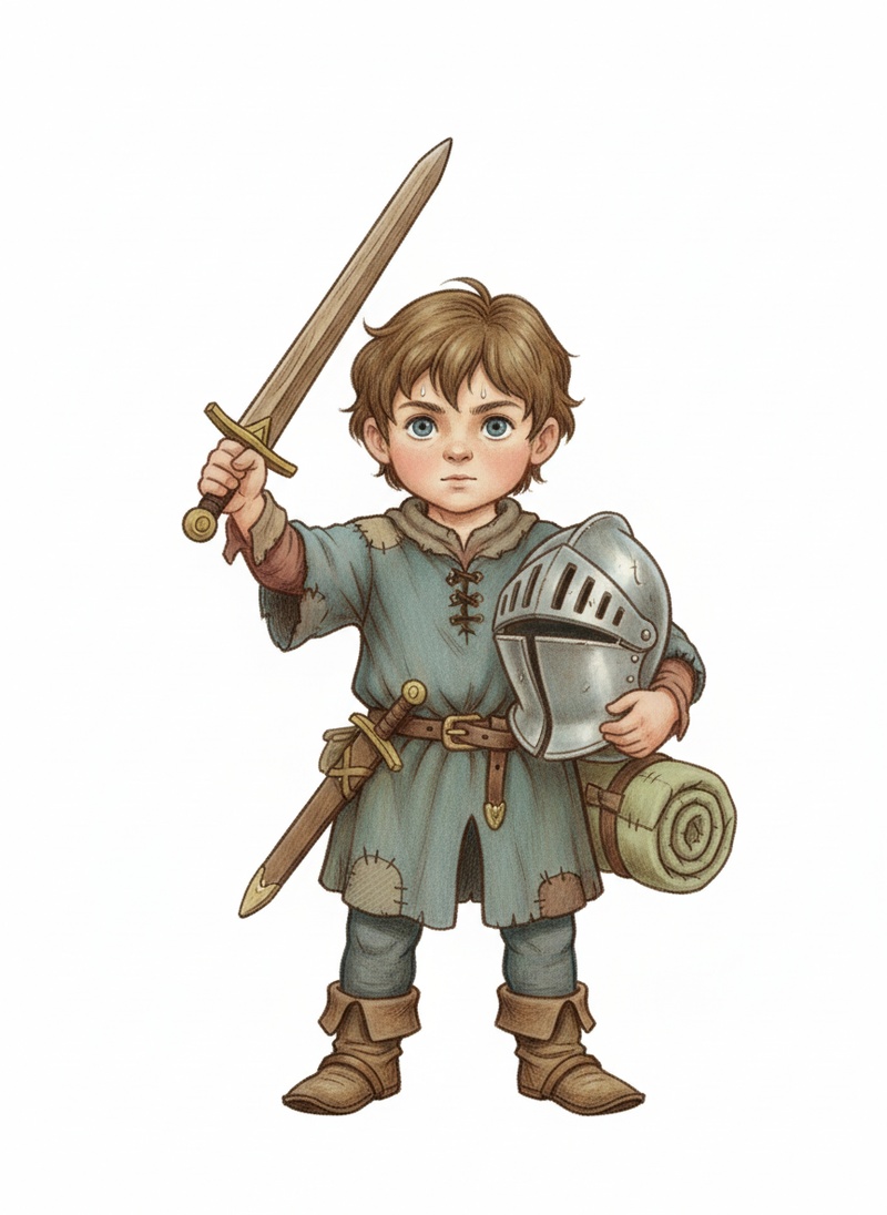 Squire Tom the Knight Trainee in Gentle Pencil - Full Colored Illustration