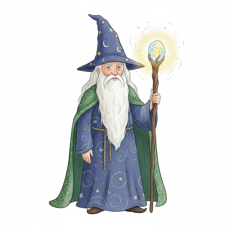 Merlin the Wise Wizard in Gentle Pencil - Full Colored Illustration