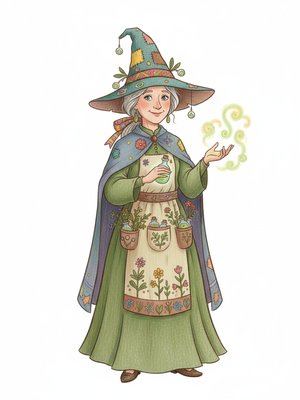 Hazel the Helpful Witch in Gentle Pencil - Full Colored Illustration