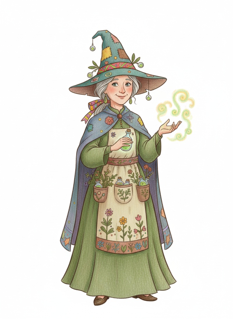 Hazel the Helpful Witch in Gentle Pencil - Full Colored Illustration