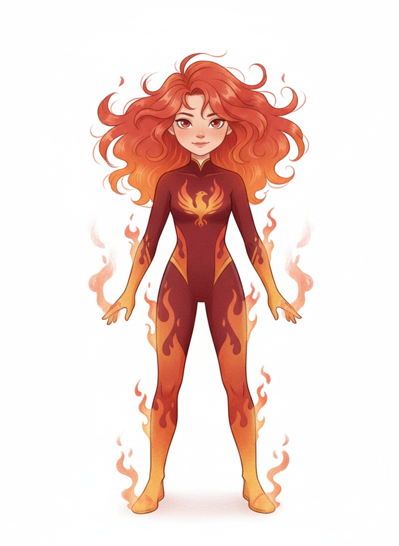Phoenix Girl the Fire Hero in Gentle Pencil - Full Colored Illustration