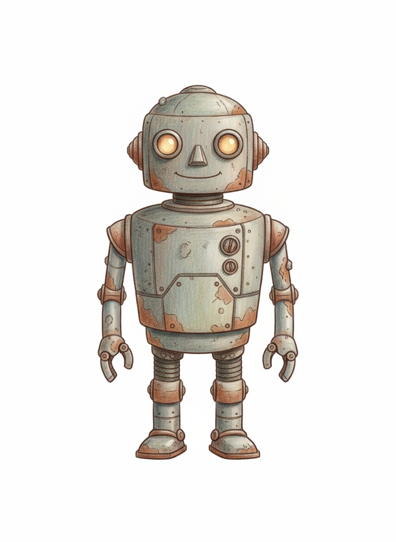 Rust the Old Robot in Gentle Pencil - Full Colored Illustration