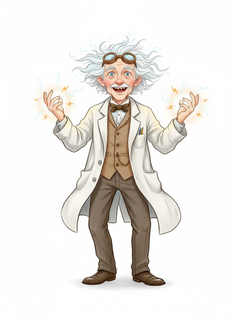 Professor Tesla the Scientist in Gentle Pencil - Full Colored Illustration