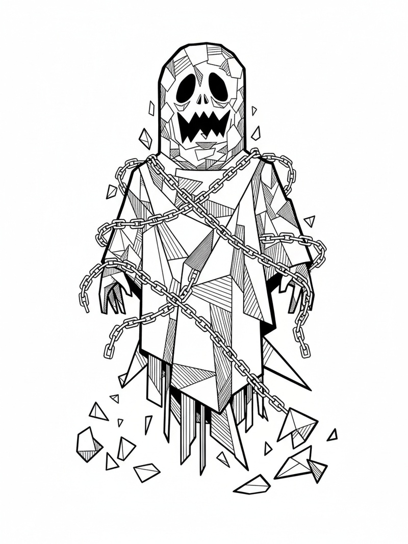 Spook the Scary Ghost in Cubist Painting - Black & White Illustration