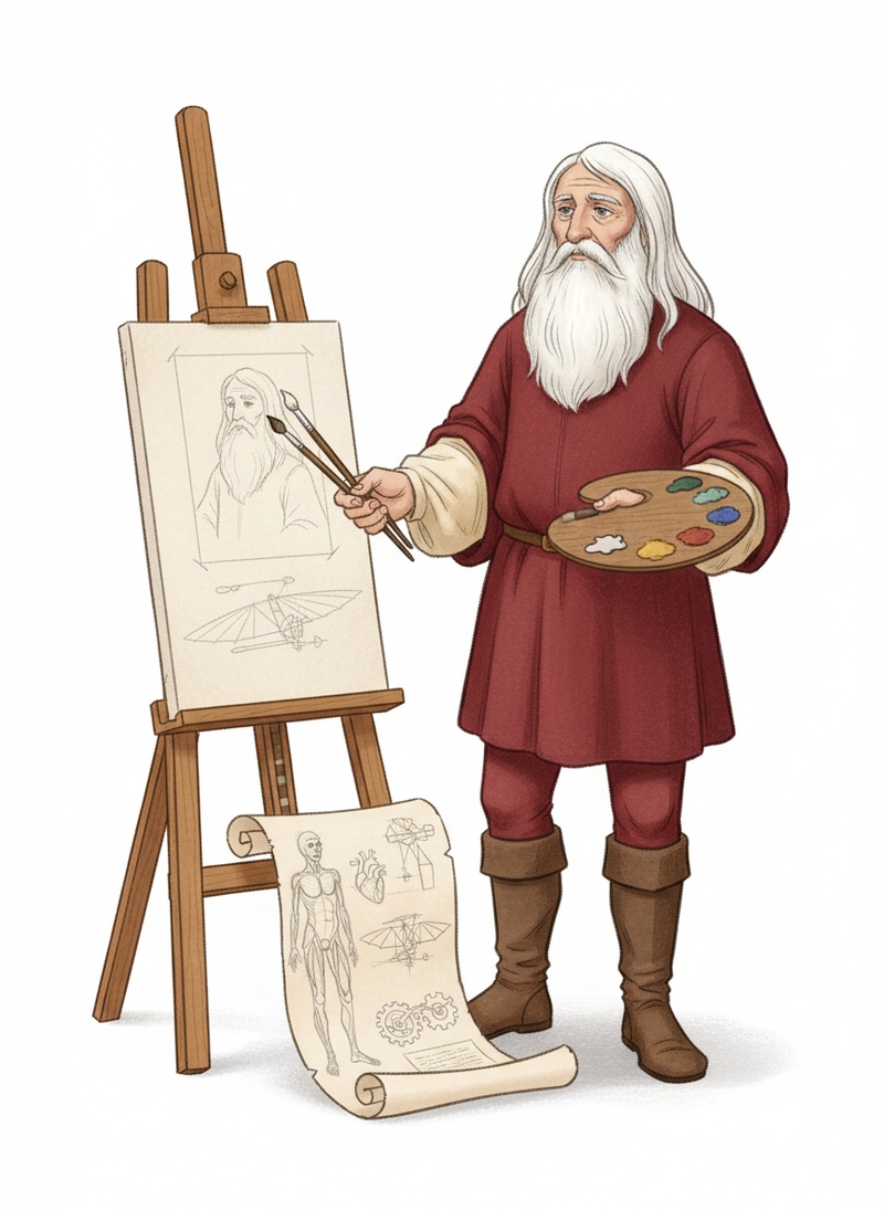 Leonardo the Renaissance Artist in Gentle Pencil - Full Colored Illustration