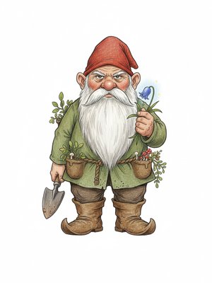 Bramble the Garden Gnome in Gentle Pencil - Full Colored Illustration