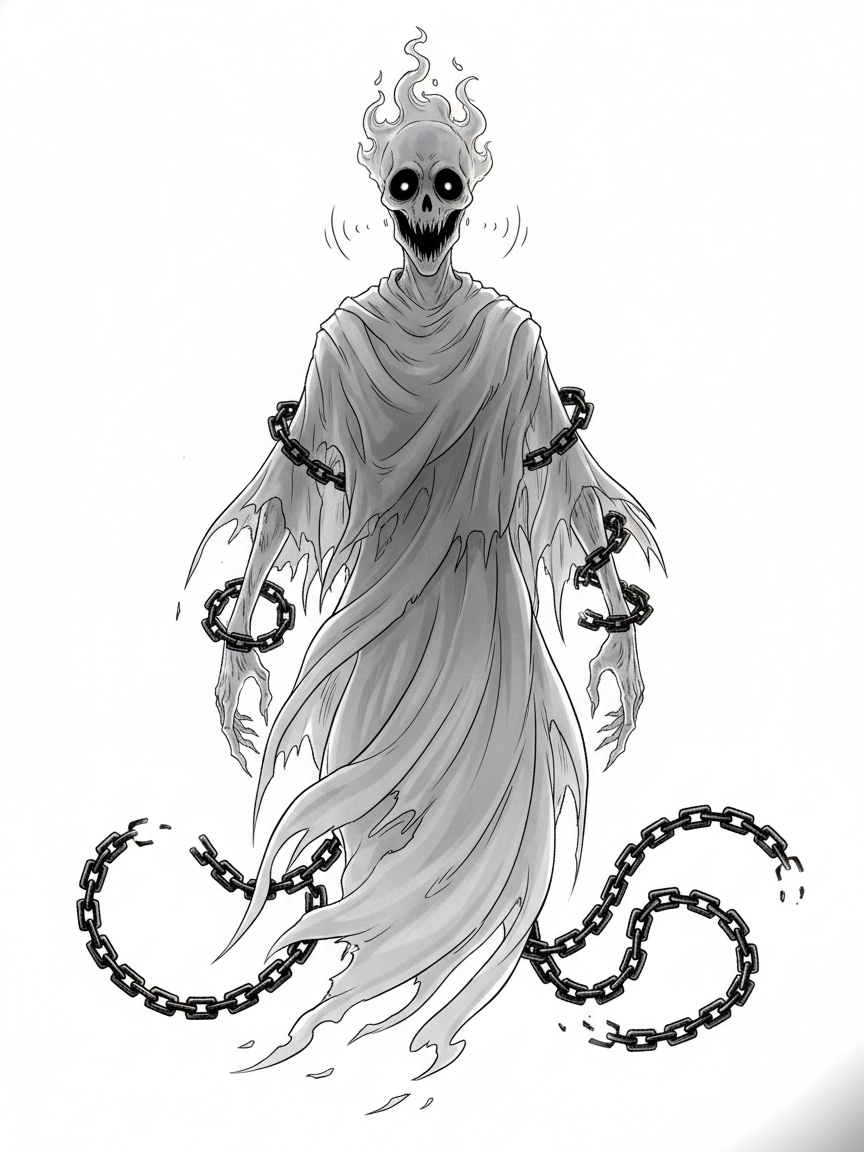 Spook the Scary Ghost - Black & White Illustration