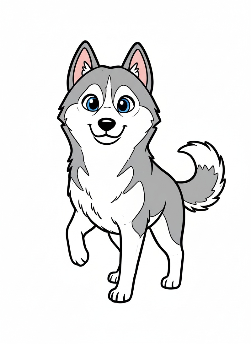 Luna the Curious Husky in Classic Coloring Book - Full Colored Illustration