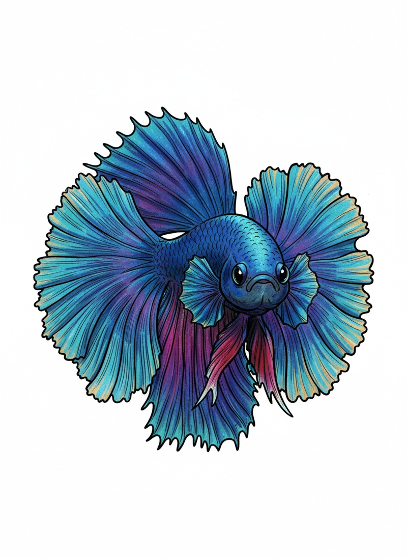 Azul the Colorful Betta Fish in Classic Coloring Book - Full Colored Illustration