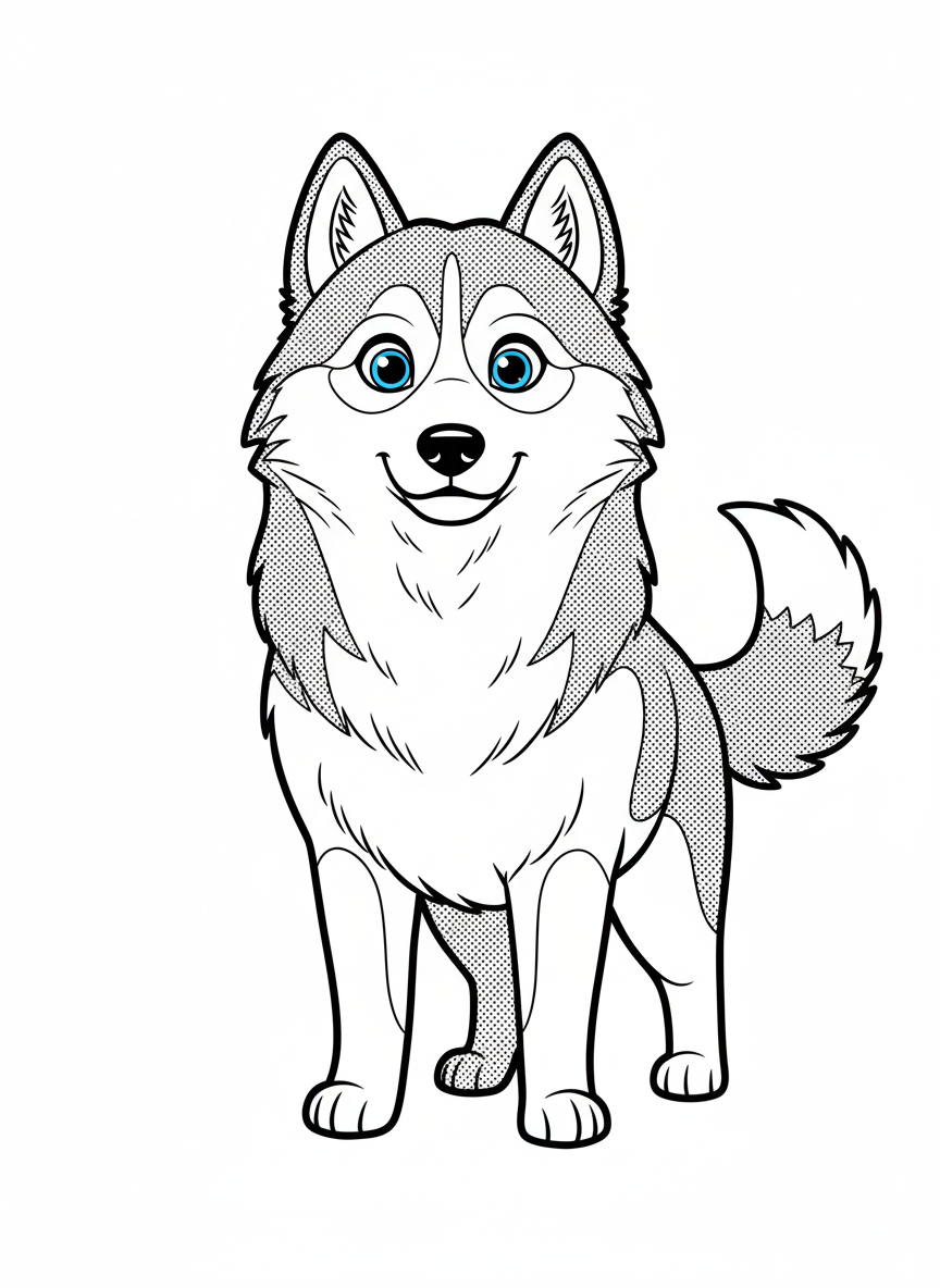 Luna the Curious Husky - Black & White Illustration