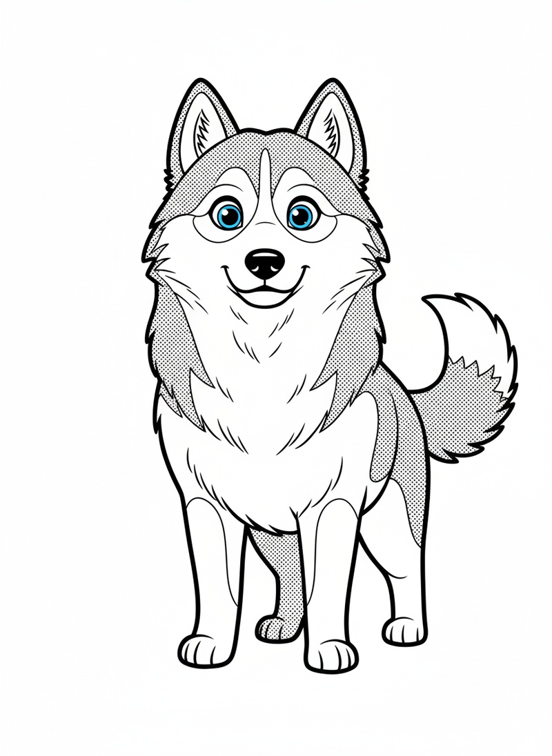 Luna the Curious Husky in Classic Coloring Book - Black & White Illustration