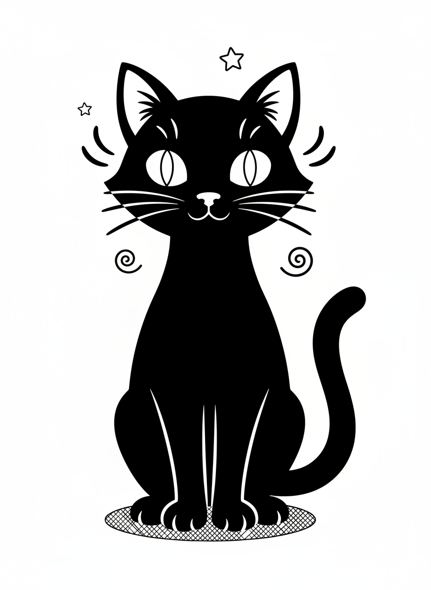 Shadow the Mysterious Black Cat - Black & White Illustration