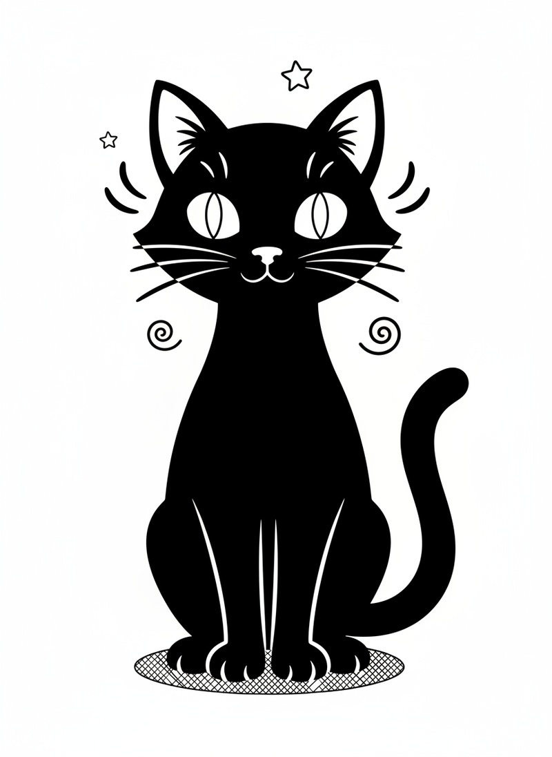 Shadow the Mysterious Black Cat in Classic Coloring Book - Black & White Illustration