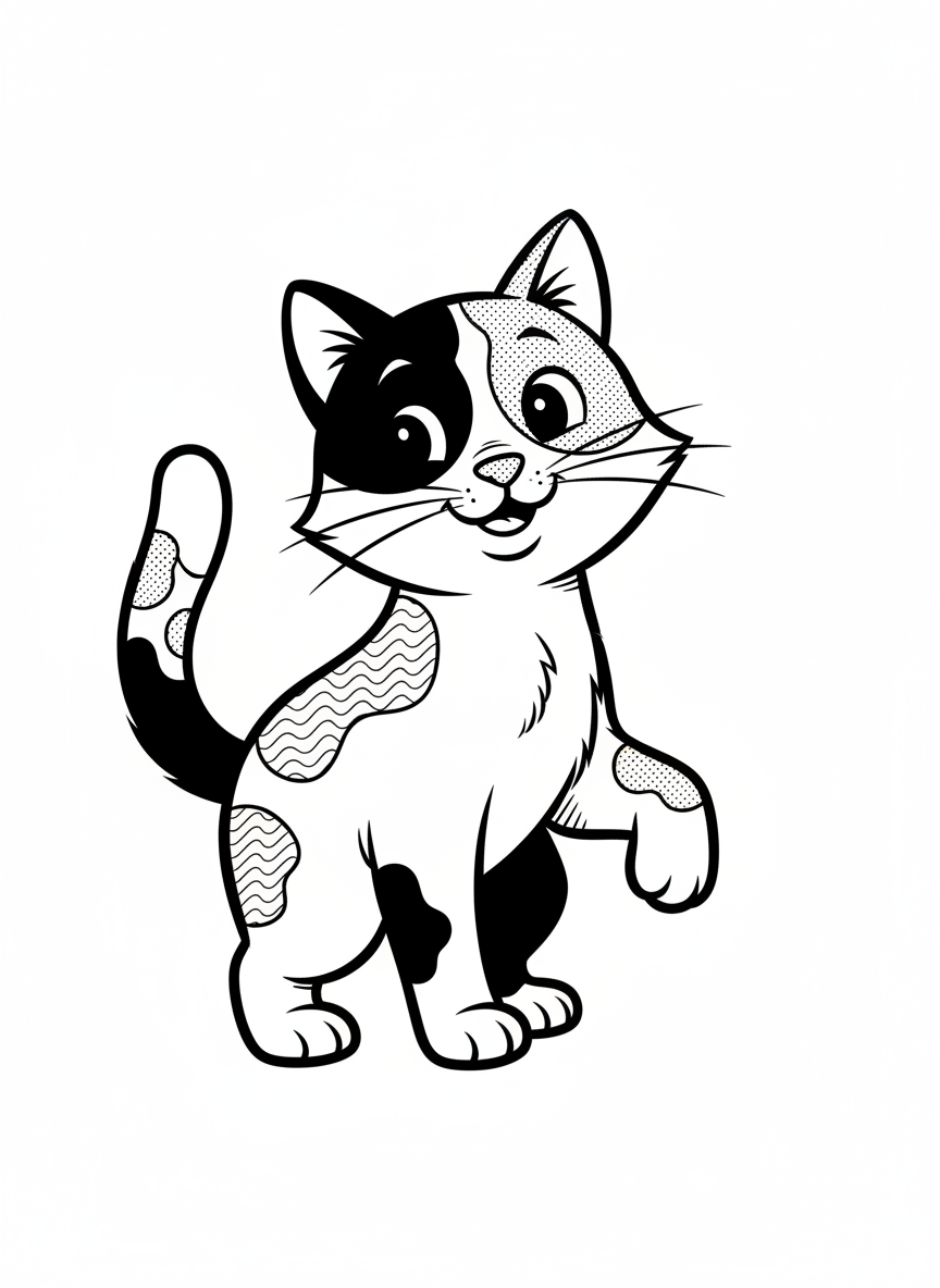 Patches the Playful Calico - Black & White Illustration