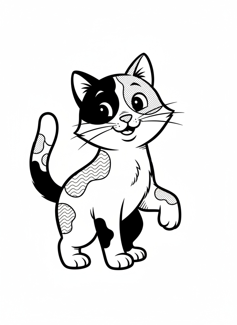 Patches the Playful Calico in Classic Coloring Book - Black & White Illustration