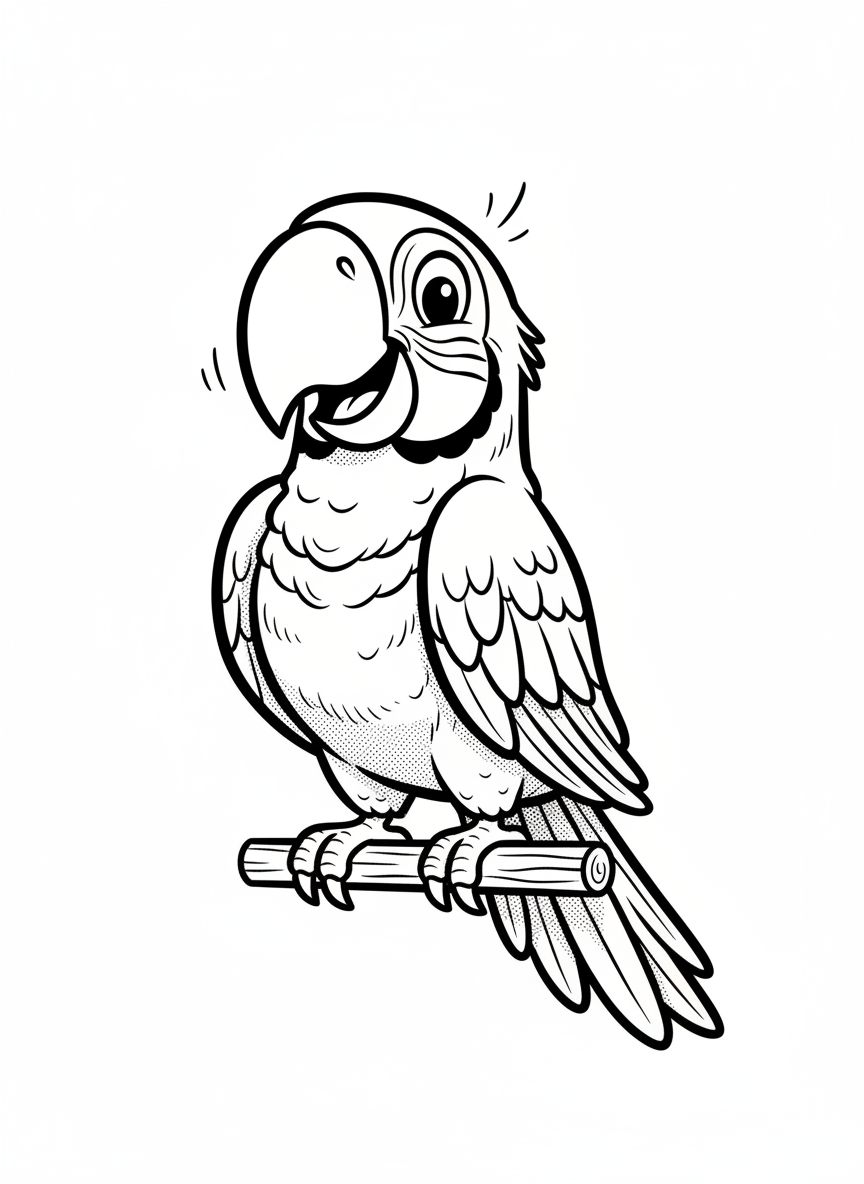 Captain the Chatty Parrot - Black & White Illustration