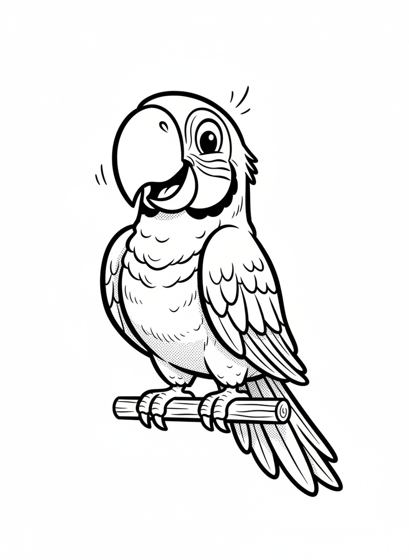 Captain the Chatty Parrot in Classic Coloring Book - Black & White Illustration