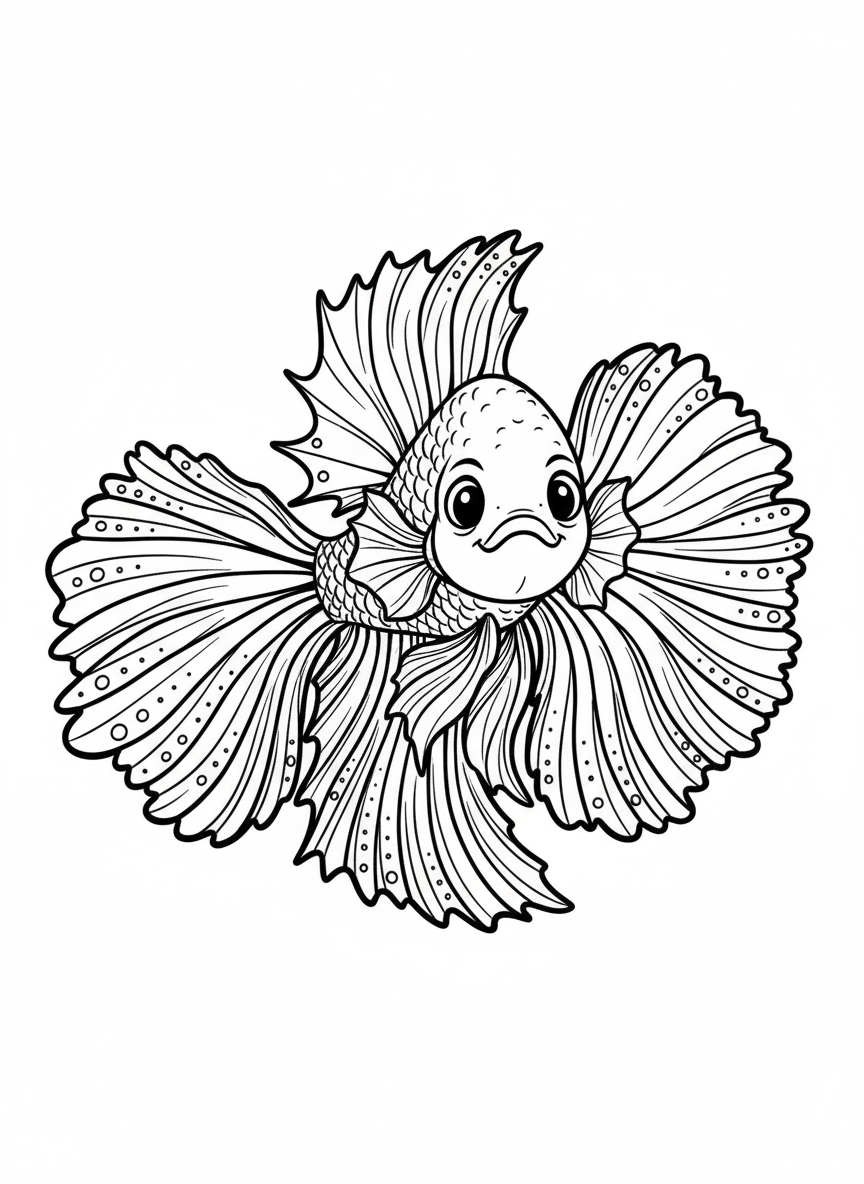 Azul the Colorful Betta Fish - Black & White Illustration