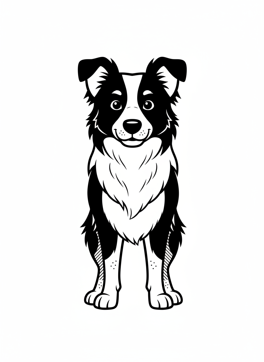 Gizmo the Smart Border Collie - Black & White Illustration
