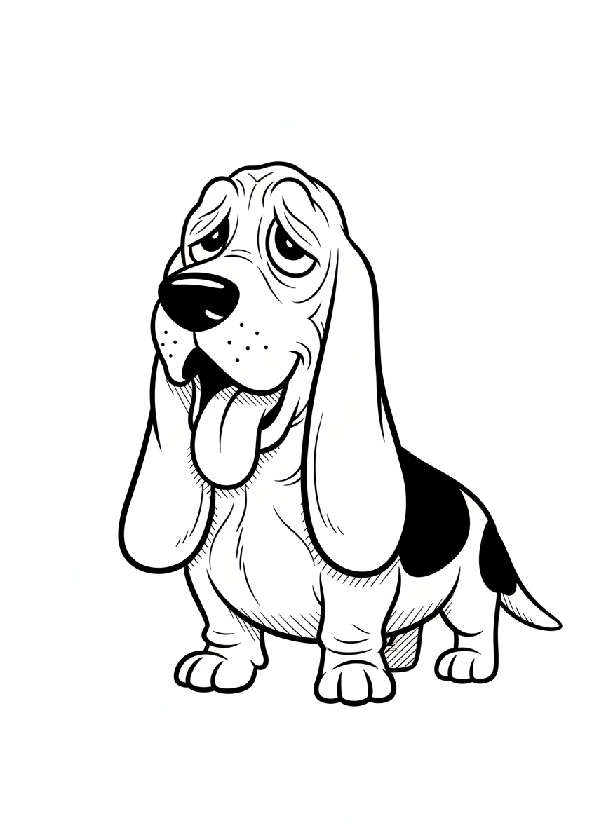 Noodle the Lazy Basset Hound - Black & White Illustration