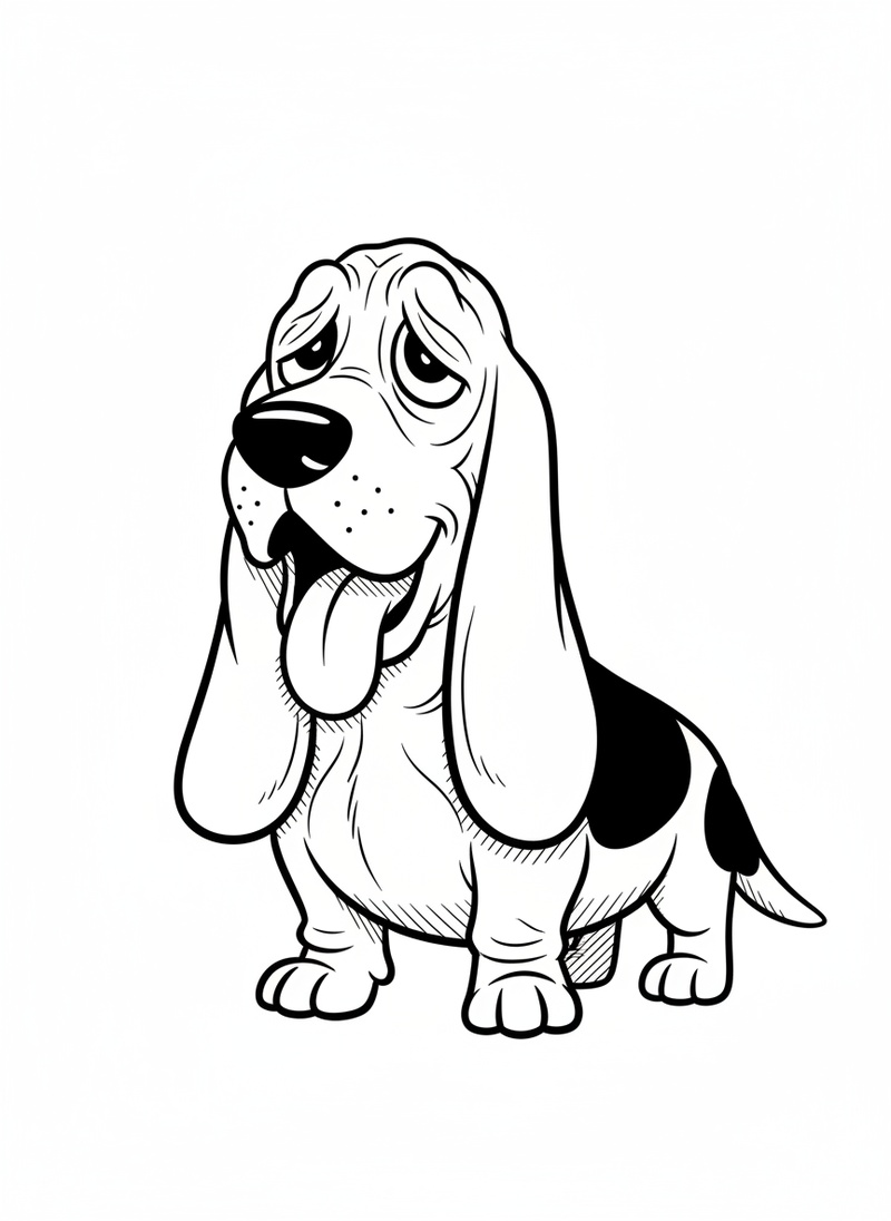 Noodle the Lazy Basset Hound in Classic Coloring Book - Black & White Illustration