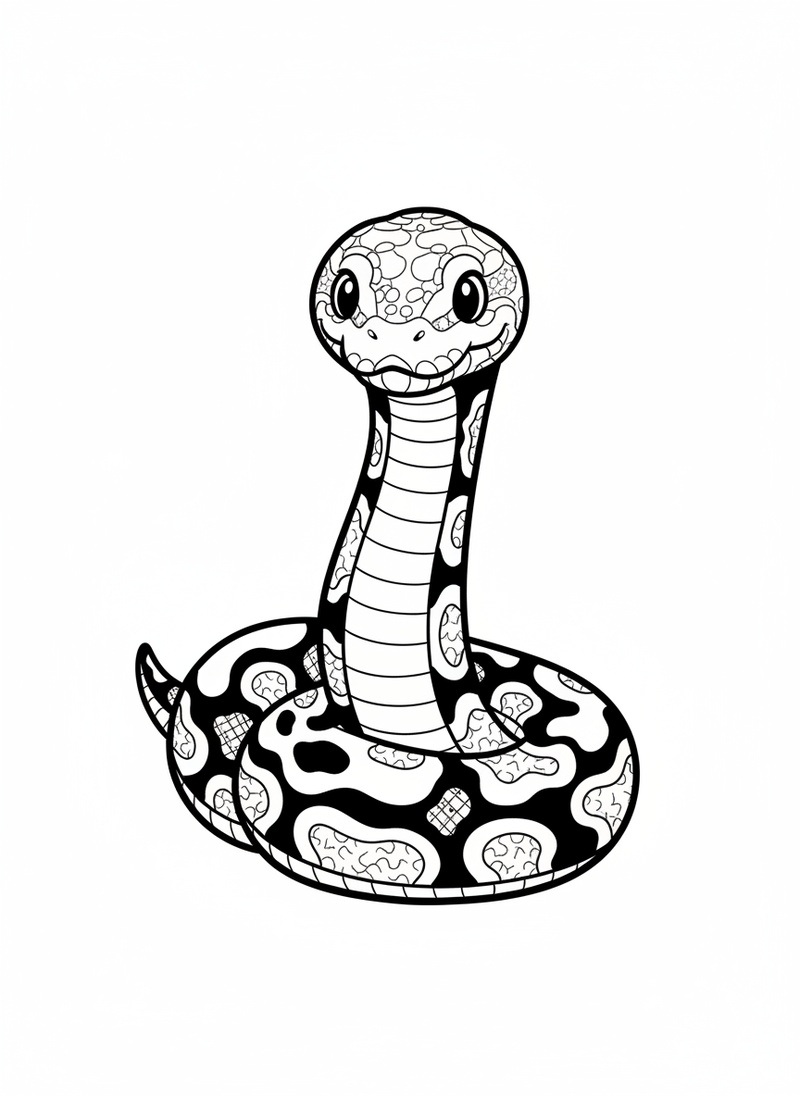 Marble the Ball Python in Classic Coloring Book - Black & White Illustration