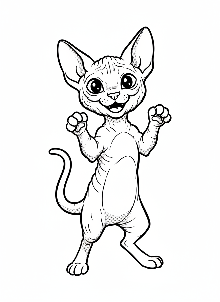 Jinx the Mischievous Sphinx Cat - Black & White Illustration