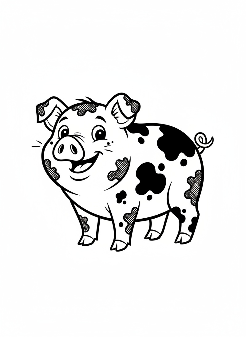 Muddles the Messy Pig in Classic Coloring Book - Black & White Illustration
