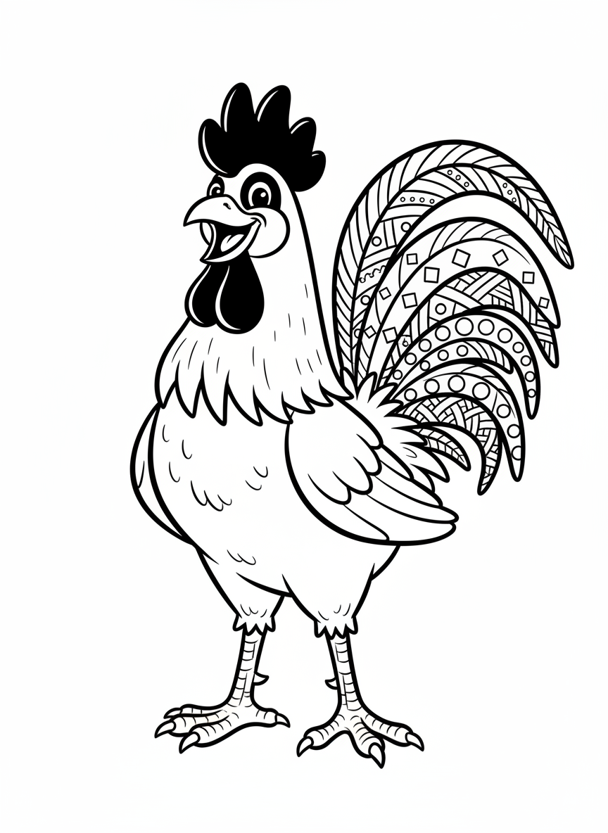 Rooster Red the Proud Cockerel - Black & White Illustration