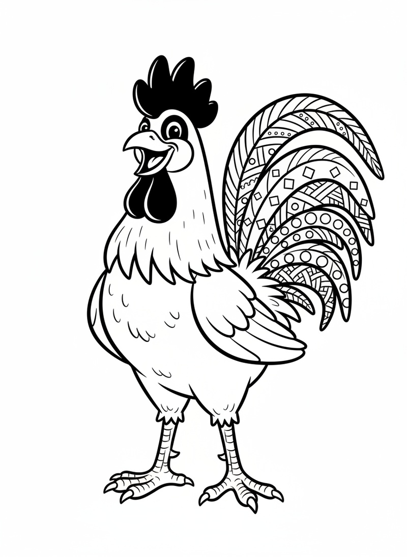 Rooster Red the Proud Cockerel in Classic Coloring Book - Black & White Illustration