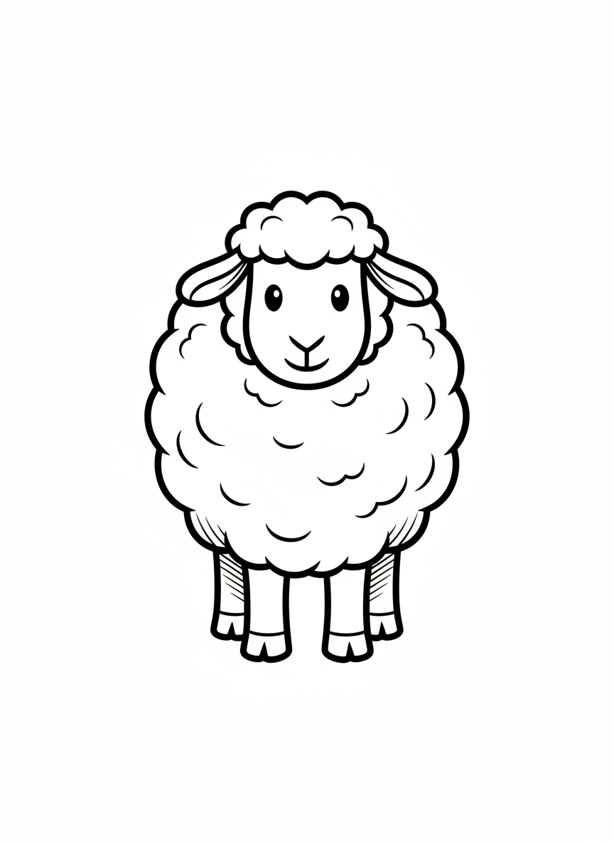 Wooly the Fluffy Sheep - Black & White Illustration