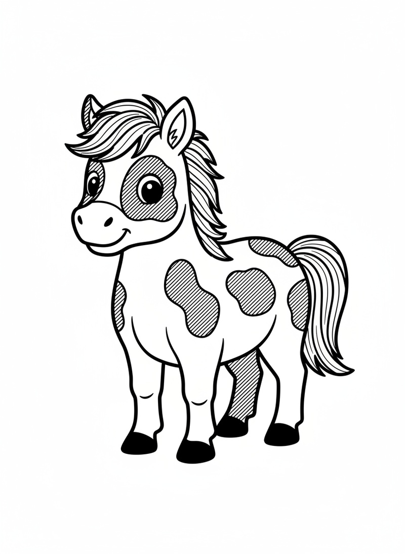 Patches the Spotted Pony in Classic Coloring Book - Black & White Illustration