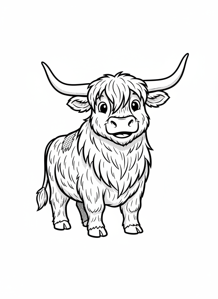 Angus the Highland Bull - Black & White Illustration