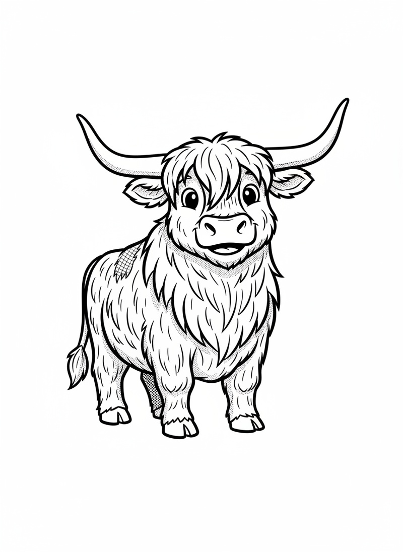 Angus the Highland Bull in Classic Coloring Book - Black & White Illustration