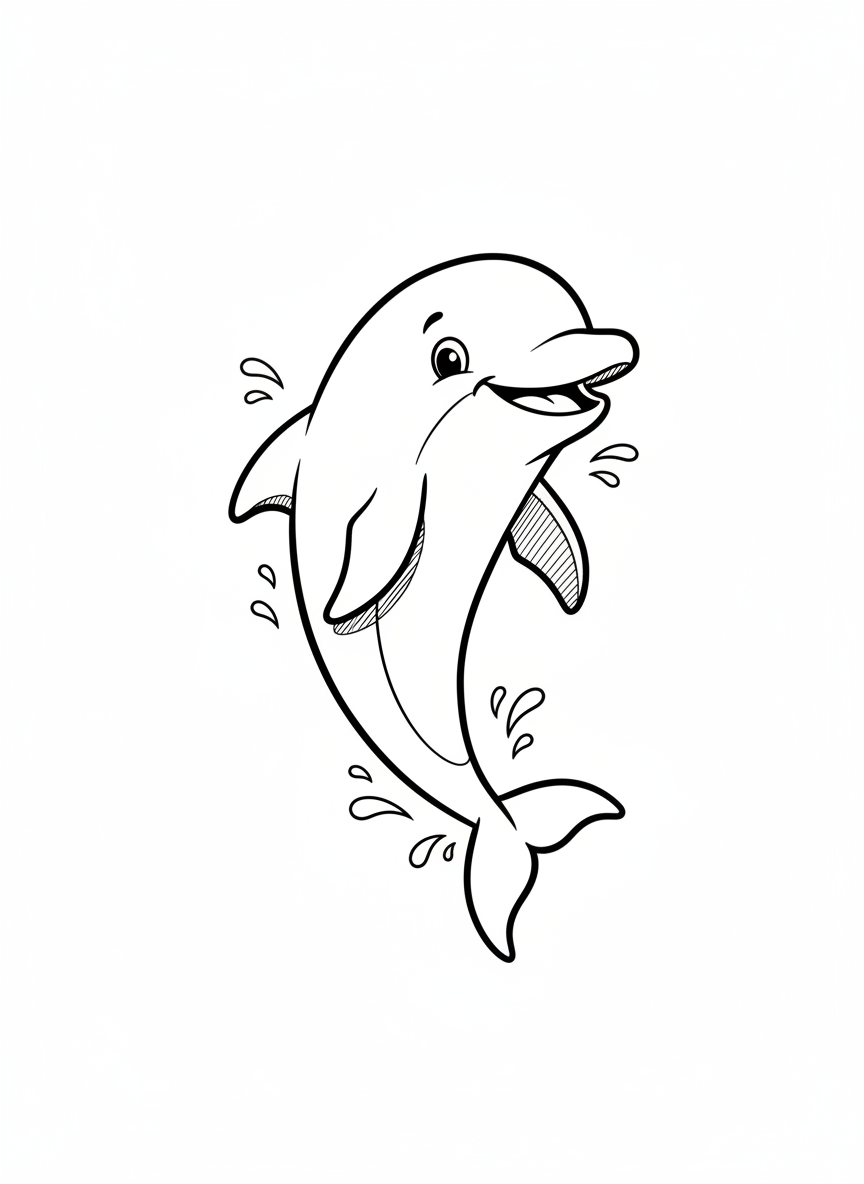 Finn the Friendly Dolphin - Black & White Illustration