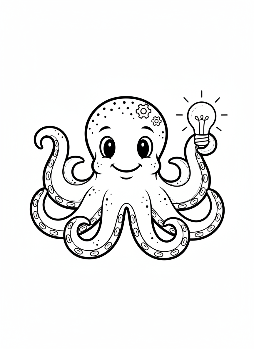 Inky the Clever Octopus - Black & White Illustration