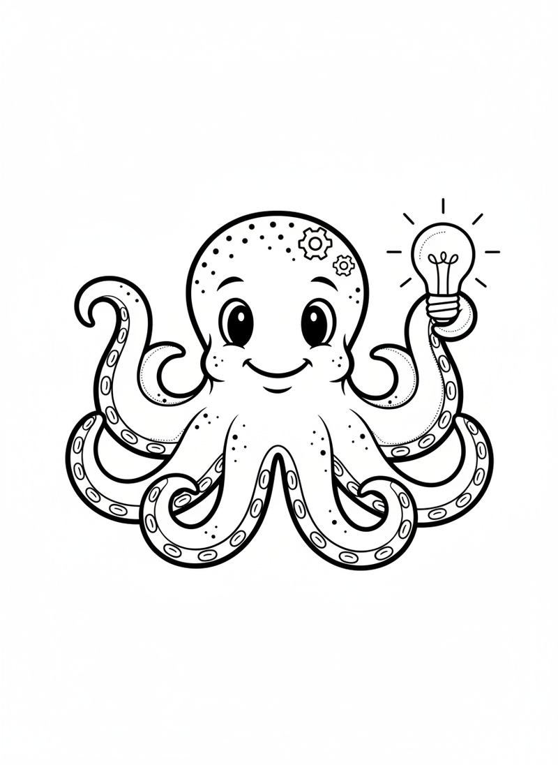 Inky the Clever Octopus in Classic Coloring Book - Black & White Illustration