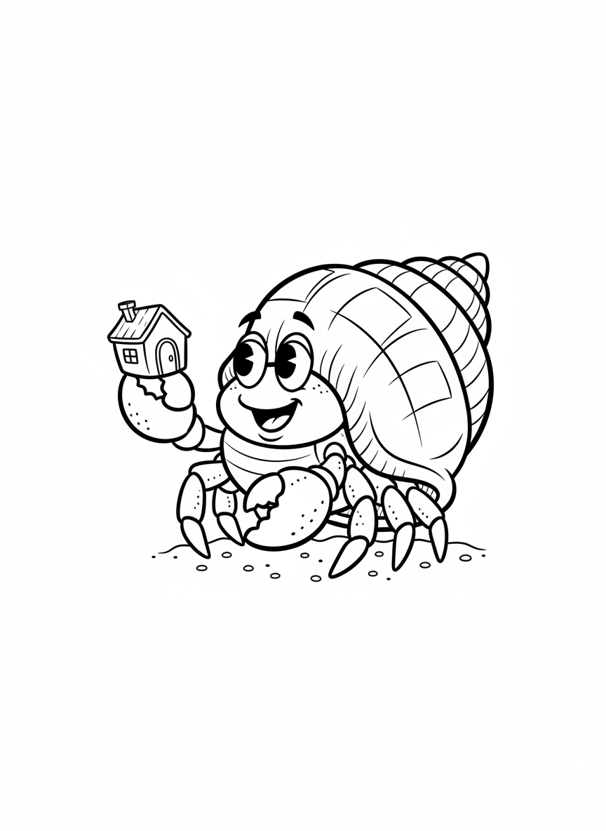 Pinchy the Hermit Crab - Black & White Illustration