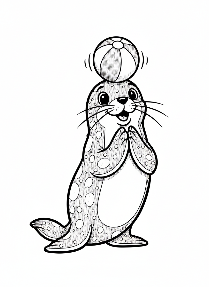 Giggles the Playful Seal - Black & White Illustration