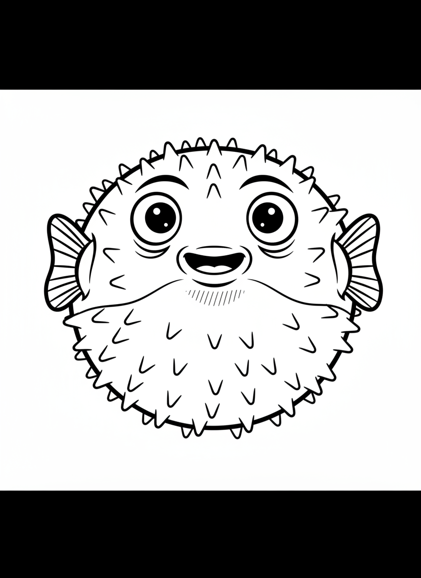 Spike the Pufferfish - Black & White Illustration
